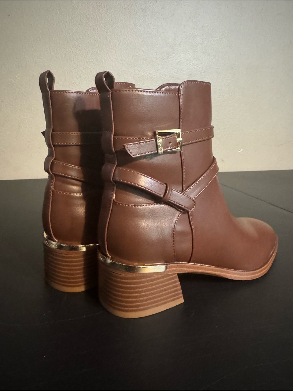 Calvin Klein Brown Faux Fur Leather Size 5M Block Heel Jason Buck Strap Booties